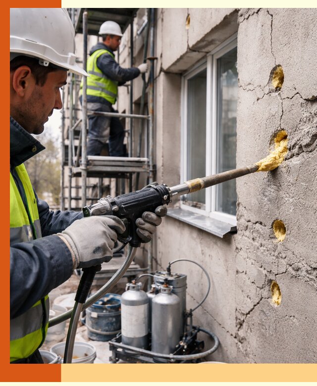 Заполнение пустот в фасаде и утепление стен в Белогорске