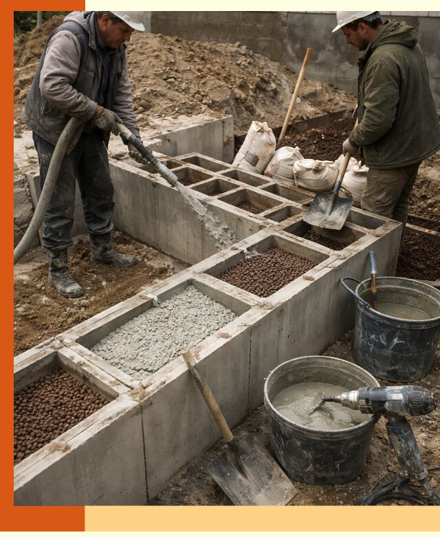 Заполнение полостей фундамента в Белогорске герметичным утеплением и повышением прочности